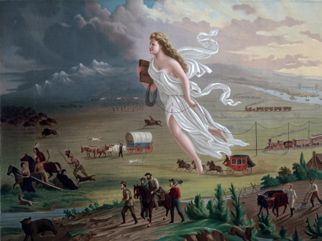 John Gast, American Progress, HsT (32 × 42,5 cm), 1872, Autry Museum of the American West, Los Angeles (États-Unis)